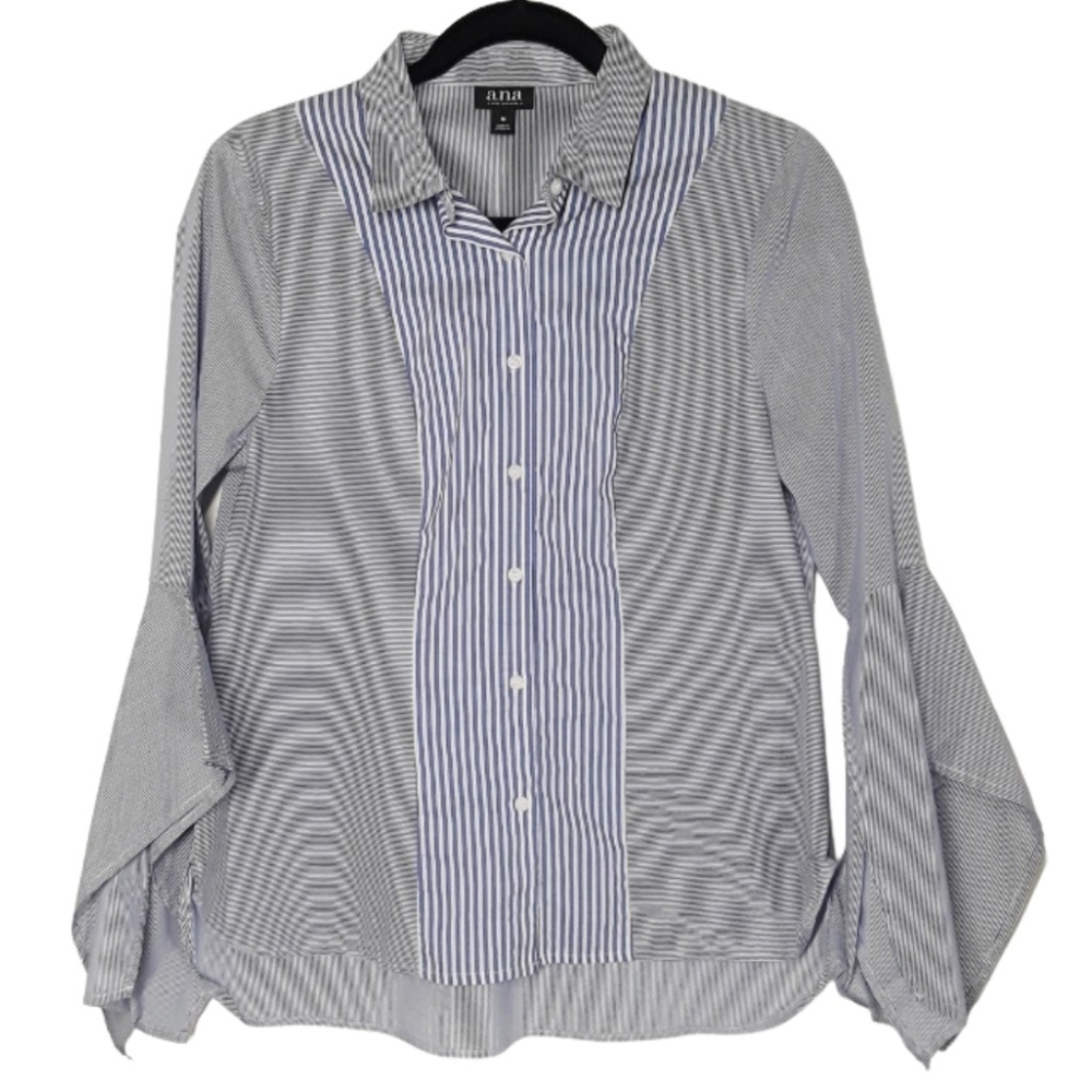 A.N.A Pin Stripe Flare Sleeve Button Up Blue Top Medium
